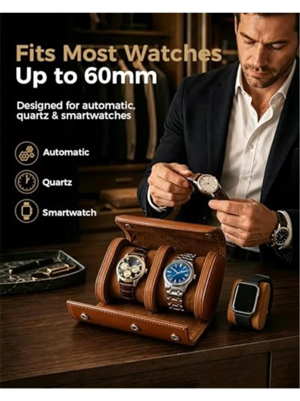 Watch Travel Case for Men: Watch Roll Box 2-Slot with Removable Pillows